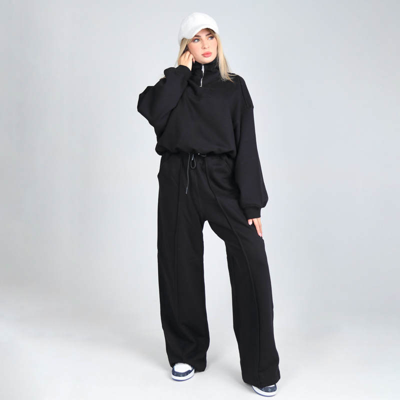 ست مشکی زنانه مدل دورس نیمزیپ با شلوار بگ | کد DO44 - Image 2