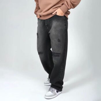 شلوار لی مردانه نیم بگ زغالی زاپدار | کد 1002