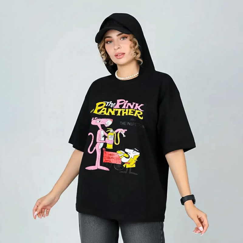 تیشرت باکسی پلنگ صورتی رنگ مشکی | کد T205 - Image 2