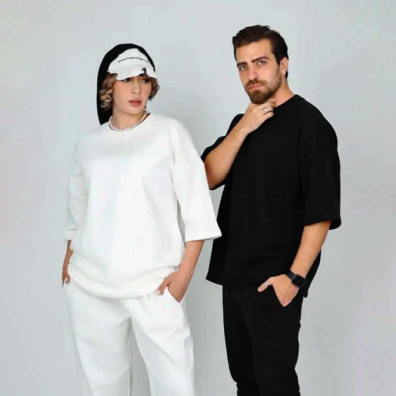 تیشرت ساده باکسی دورس سه نخ مشکی سفید | کد T208 - Image 2