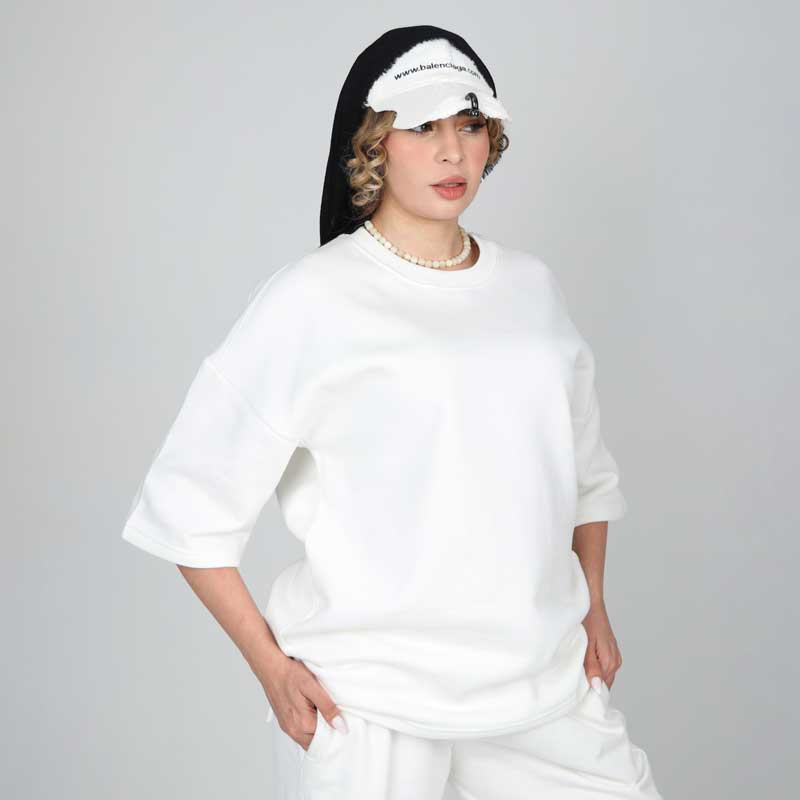 تیشرت ساده باکسی دورس سه نخ مشکی سفید | کد T208 - Image 3