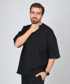 تیشرت ساده باکسی دورس سه نخ مشکی سفید | کد T208 - Image 4