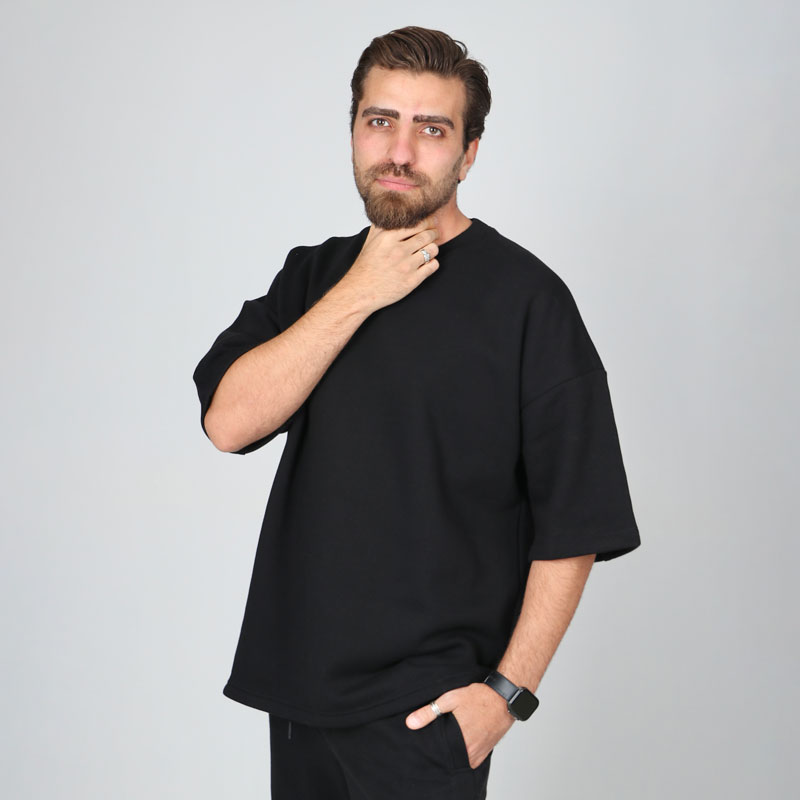 تیشرت ساده باکسی دورس سه نخ مشکی سفید | کد T208 - Image 4