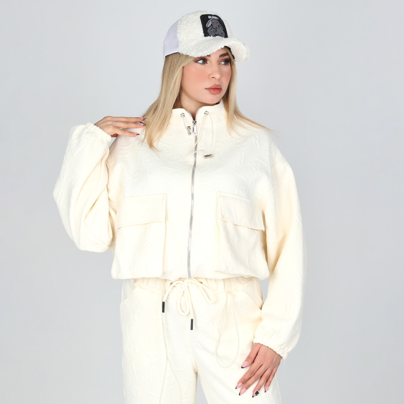 سویشرت زیپی و شلوار بگ زنانه مدل یقه ایستاده رنگ سفیدشیری | کد DO52 - Image 2