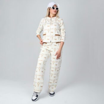 ست اسپرت زنانه مدل سویشرت بیسبالی و شلوار بگ رنگ طلایی -سفید | کد DO54