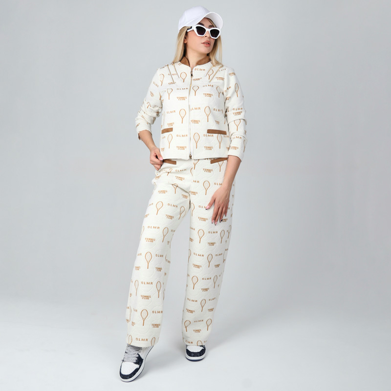 ست اسپرت زنانه مدل سویشرت بیسبالی و شلوار بگ رنگ طلایی -سفید | کد DO54