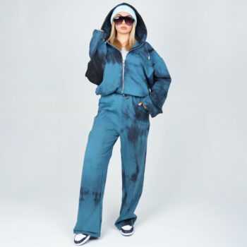 سویشرت کلاهدار و شلوار بگ مدل سه‌تیکه آبرنگی آبی مشکی | کد DO51