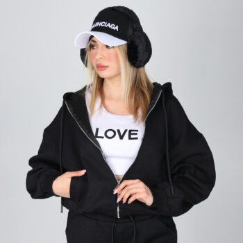 سویشرت کلاهدار و شلوار بگ زنانه مدل سه‌تیکه رنگ مشکی | کد DO49