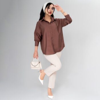 شومیز ساده زنانه شکلاتی مدل پری، شومیز فری سایز با استایل شیک و روزمره