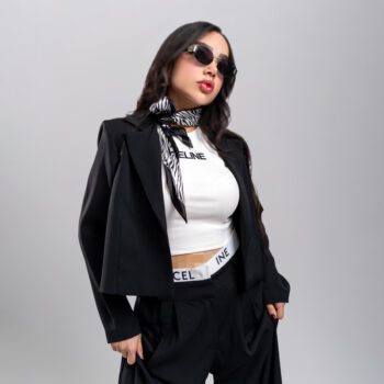 ست زنانه 3 تکه کت و شلوار بگ کرپ مشکی | کراپ گلدوزی CELINE