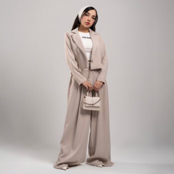 کت و شلوار زنانه مدل بگ استایل رنگ کرم | ست 3 تکه