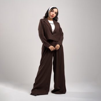 کت و شلوار زنانه مدل بگ استایل رنگ قهوه ای شکلاتی | ست 3 تکه