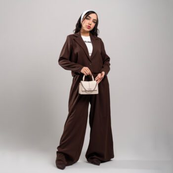 کت و شلوار زنانه مدل بگ استایل رنگ قهوه ای شکلاتی | ست 3 تکه