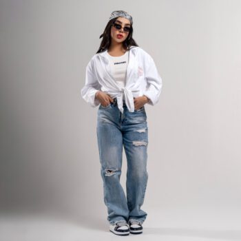 ست سفید دو تیکه شومیز کراپ زنانه گلدوزی شده