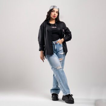 ست مشکی دو تیکه شومیز کراپ زنانه گلدوزی شده