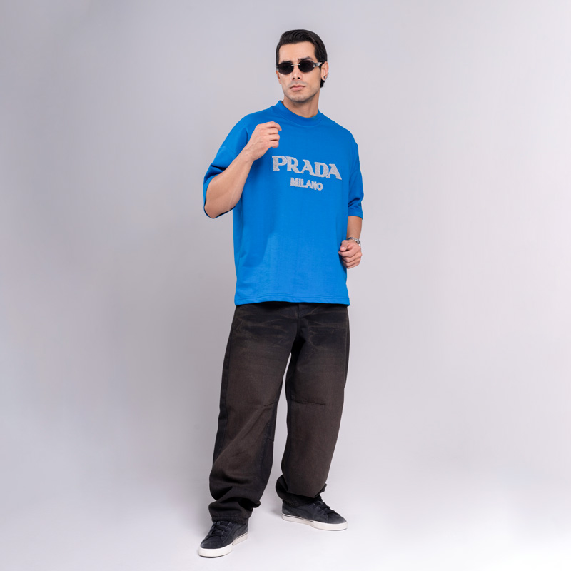 تیشرت مردانه باکسی مدل گلدوزی پرادا | کد T211 - Image 3