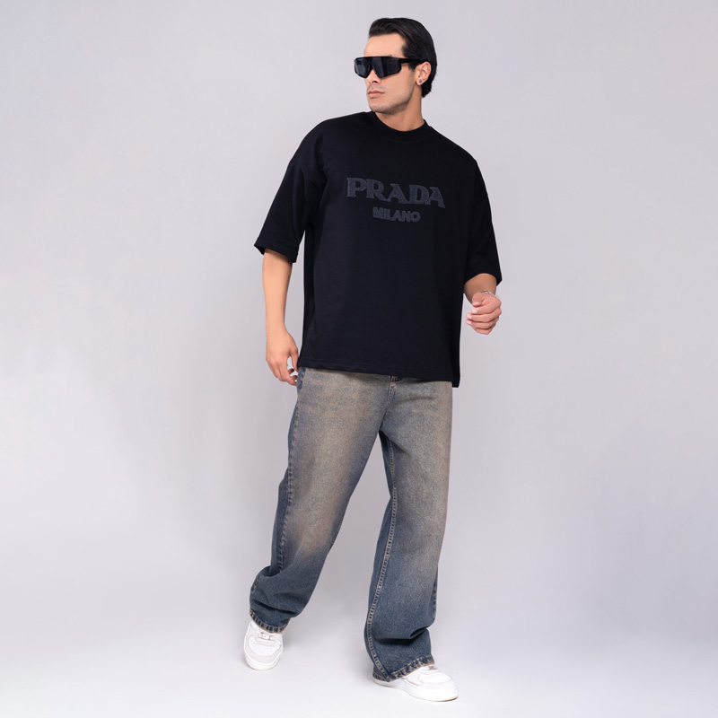 تیشرت مردانه باکسی مدل گلدوزی پرادا | کد T211 - Image 2