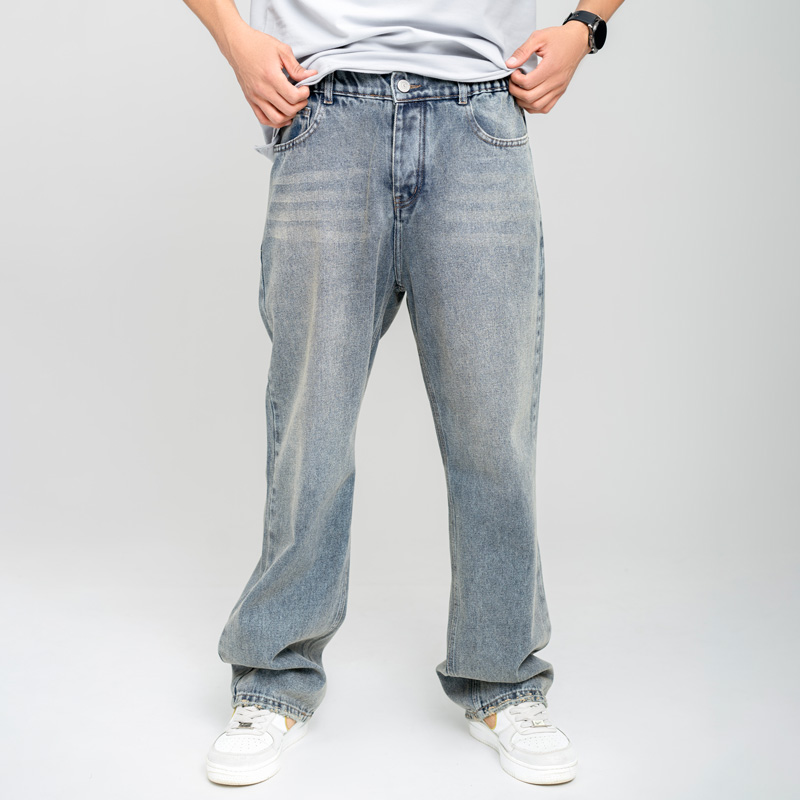 شلوار لی مردانه بگ استایل ساده کمرکش رنگ آبی | کد 1016