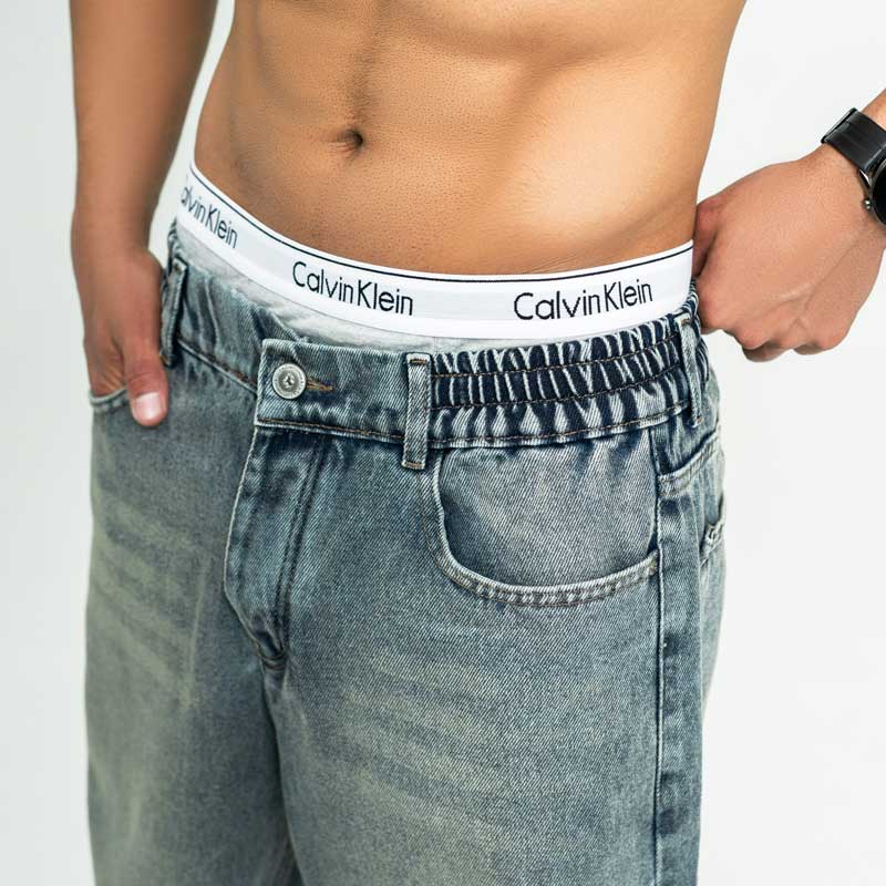 شلوار لی مردانه بگ استایل ساده کمرکش رنگ آبی | کد 1016 - Image 2