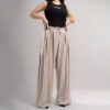 شلوار بگ زنانه مدل پارچه ای پیله دار رنگ کرم