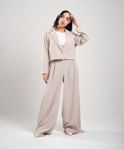 شلوار بگ زنانه مدل پارچه ای پیله دار رنگ کرم - Image 3