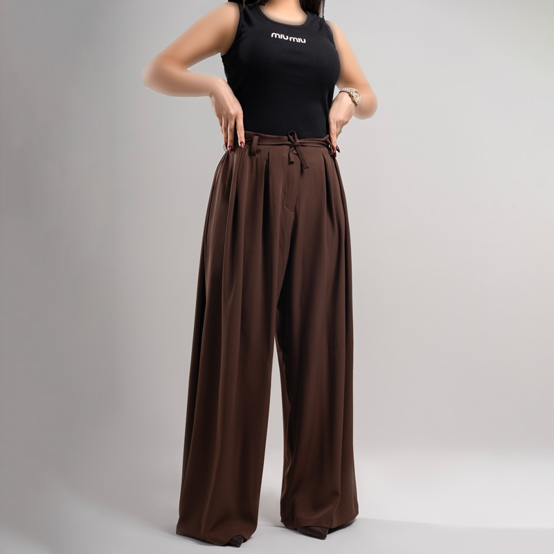 شلوار بگ زنانه مدل پارچه ای پیله دار رنگ شکلاتی