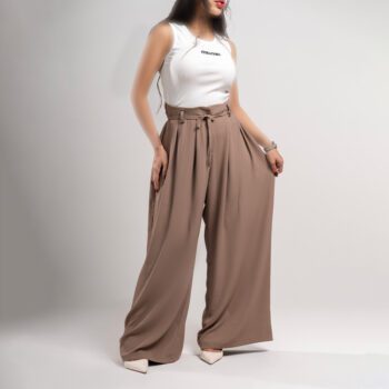 شلوار زنانه مدل پارچه ای بگ استایل رنگ نسکافه ای