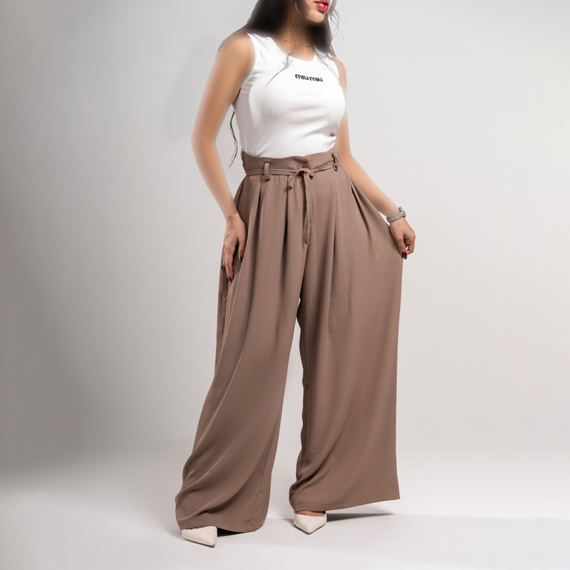 شلوار زنانه مدل پارچه ای بگ استایل رنگ نسکافه ای