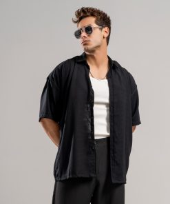 پیراهن لینن مردانه مشکی قواره لش کد T234