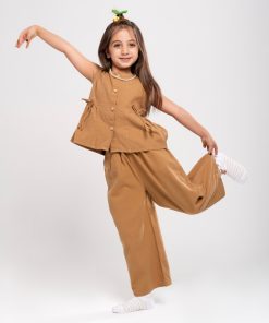 ست وست و شلوار دخترانه مدل بنددار کد KIDS2 | جنس کتان نخی - Image 3