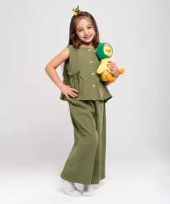 ست وست و شلوار دخترانه مدل بنددار کد KIDS2 | جنس کتان نخی - Image 5